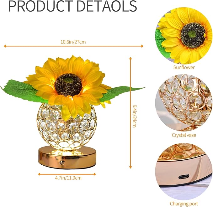 Flower Lamp with USB Charge,3-Colour Infinitely Dimmable Artificial Sunflower LED Table Lamp,Rechargeable Cordless Touch Small Night Light,Gift Ideas for Mothers Day,Xmas,Birthday (Sunflowers02) - Bloomnest
