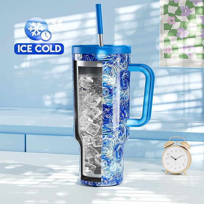 Meoky Tumbler with Handle and Straw for Women: 40 oz Stainless Steel Insulated Tumbler with Lid and Straw 100% Leakproof for Car Cup Holders - Travelers Commuters Workers, Van Gogh - Bloomnest