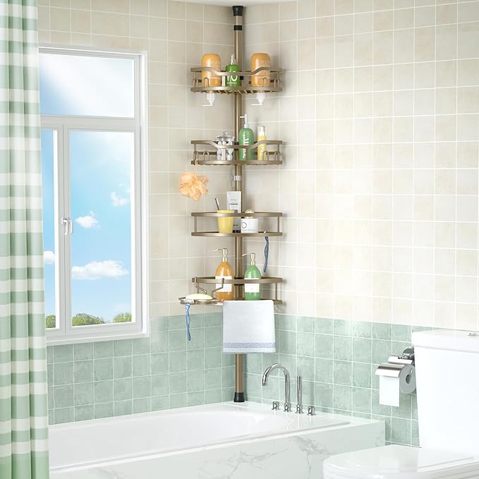 HAMITOR Corner Shower Caddy Tension Pole: Rustproof 4-Tier Bathroom Organizer Shelves for Bathtub Shampoo Storage - 47-121 Inch Quick Install Adjustable Rod Standing Rack with Soap Rack - Matte Gold - Bloomnest