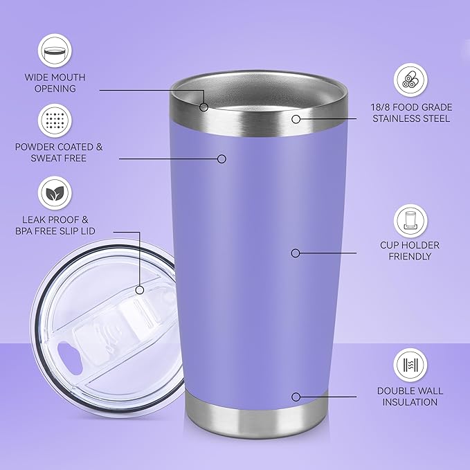 20 oz Tumbler Stainless Steel Tumblers Bulk with Lid Double Wall Insulated Coffee Tumbler Cups for Hot & Cold Drinks Powder Coated Travel Coffee Tumbler Mug Metal (Lavender, 1 pack) - Bloomnest