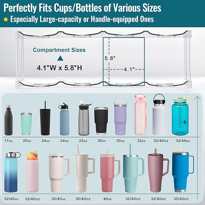 Design for Stanley 40 OZ & Large Bottles & Tumblers with Handle - Acrylic Water Bottle Organizer - Stackable Clear Wine Rack Cup Holder for Home Kitchen Pantry Shelf Countertop Cabinet, 3 Tier Hold 12 MakeLifeBetterEasier