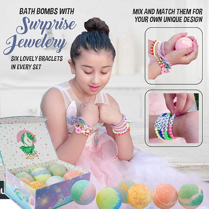 Bath Bombs for Kids with Surprise Inside, Unicorn Bath Bombs for Girls with Jewelry & Jewelry Box for Kid - Organic, Skin Moisturizing, Natural Bubble Bath, Stocking Stuffers Christmas Gift for Girls - Bloomnest