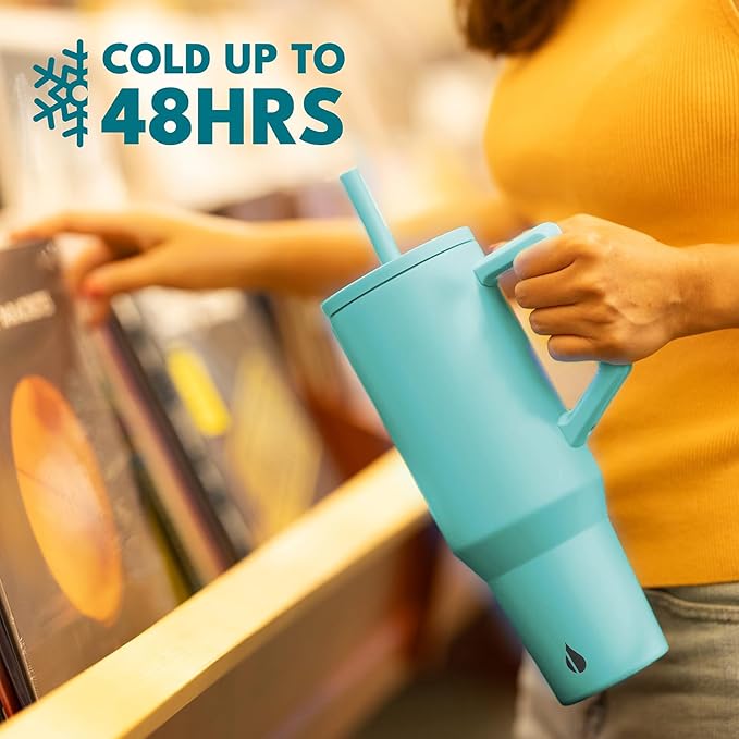 Elemental 40oz Tumbler with Handle and Straw - Spill Proof Insulated Stainless Steel Commuter for Hot & Cold Beverages - Travel Coffee Mug with 2 Straws & Spill Proof Lid - 40 oz - Robin's Egg - Bloomnest