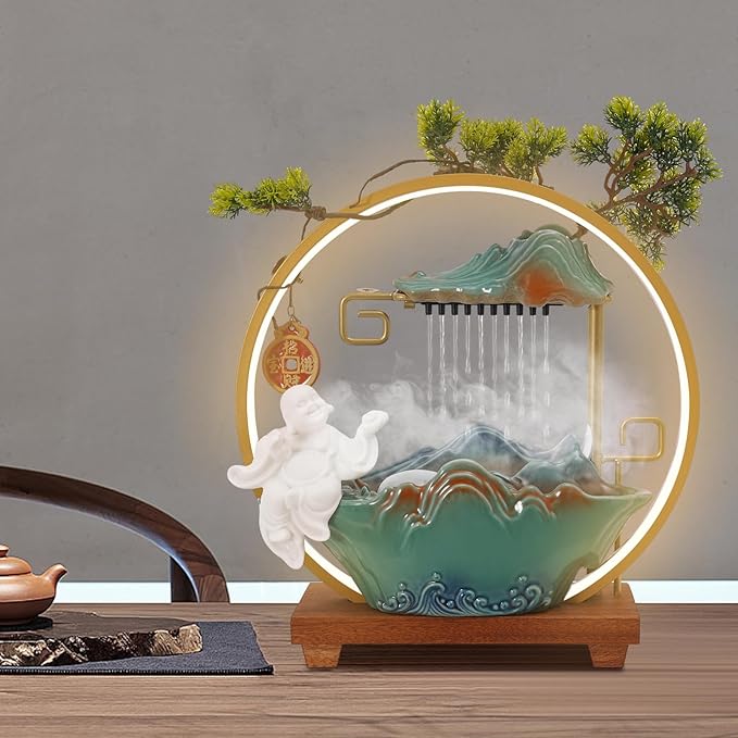 Tabletop Water Fountains, Indoor Water Fall with LED Light Zen Decor for Meditation with Mist, Japanese Decor with Fake Plants Feng Shui Decor for Good Luck Wealth - Bloomnest