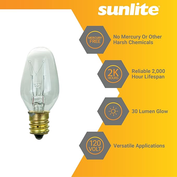 Sunlite 01280 7C7 Incandescent Bulb, 7 Watt, Candelabra E12 Base, C7 Small Night Light, Colored Bulb, Clear, 25 Count - Bloomnest