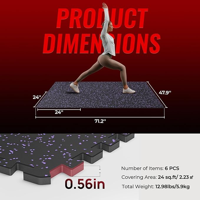 SUPERJARE 0.56'' Thick 6 Pcs 24 Sq Ft Rubber Top Exercise Equipment Mats, High Density EVA Foam Mats with Rubber Top, Interlocking Gym Flooring for Home Gym, Protective Workout Mat, Black/Purple - Bloomnest