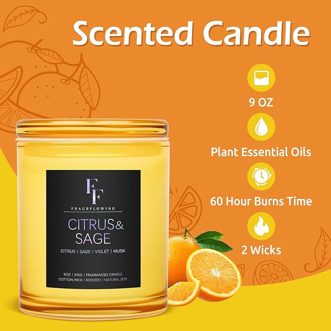 Citrus & Sage Scented Candle, 2-Wick Luxury Soy Wax Candle, 9 oz Aromatherapy Candle Home Fragrance Candles Gift - Bloomnest