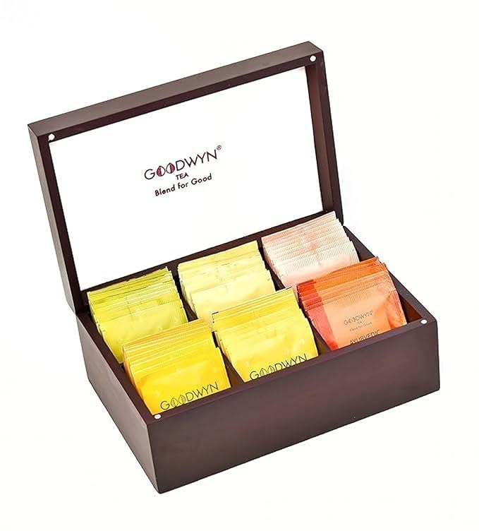 Goodwyn Assorted Tea Sampler Box – 60 Individually Wrapped Tea Bags | Premium Herbal, Black & Green Tea Collection in Reusable Wooden Chest | 6 Flavors x 10 Each: Darjeeling, English Breakfast, Green, Jasmine, Kahwa, Peppermint | Ideal Gift Set - Bloomnest