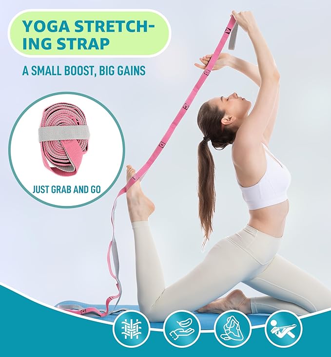 HiRui Stretching Strap Yoga Strap with Door Anchor, 14-Loops Non-Elastic Stretch Straps for Physical Therapy, Pilates, Dance, Gymnastics | Stretch Band with Workout Guide for Women & Men - Bloomnest