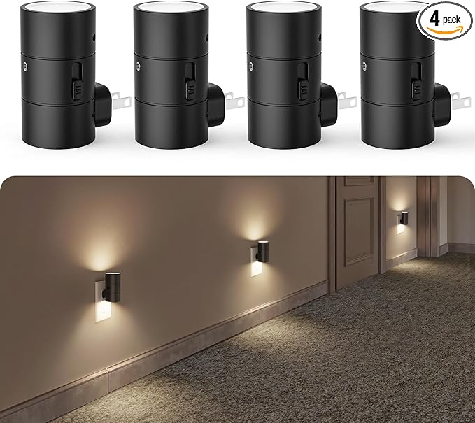 VOLISUN Night Light, Dimmable Led Night Lights Plug into Wall, Amber/3000K/4500K, 0-100LM Adjustable Brightness, Dusk to Dawn Nightlight for Hallway, Bathroom, Bedroom Black 4 Pack - Bloomnest