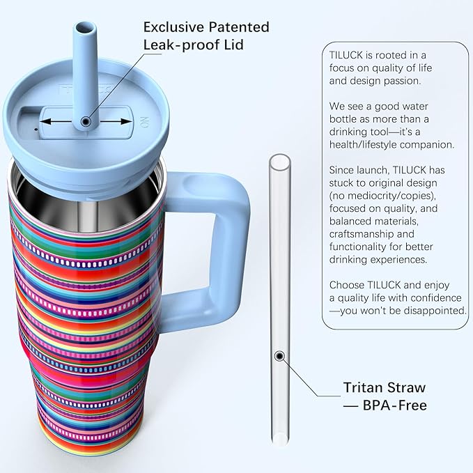 TILUCK 30 oz Tumbler with Handle, Vacuum Insulated Stainless Steel Travel Mug with 100% Leak-Proof Silicone Straw Lid, Cupholder Friendly Water Bottle(RainbowStripes, 30oz) - Bloomnest