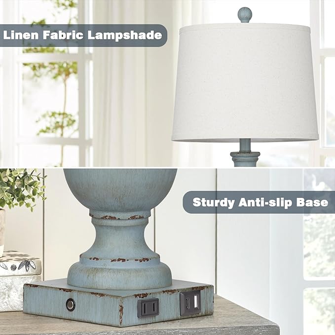 Farmhouse Table Lamps, Rustic 26" Touch Control Bedside Lamps with USB A+C Charging Ports & AC Outlet, Vintage 3-Way Dimmable Traditional Classic Nightstand Lamp for Living Room Bedroom Office Decor - Bloomnest