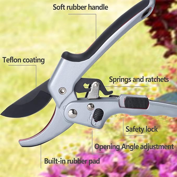 Garden clippers, premium Germany pruners, Work 3 times easier, professional ratchet pruning shears, cutting rose, flower, hedge, stem, tree, Sharp gardening scissors, Arthritis weak hand snips - Bloomnest