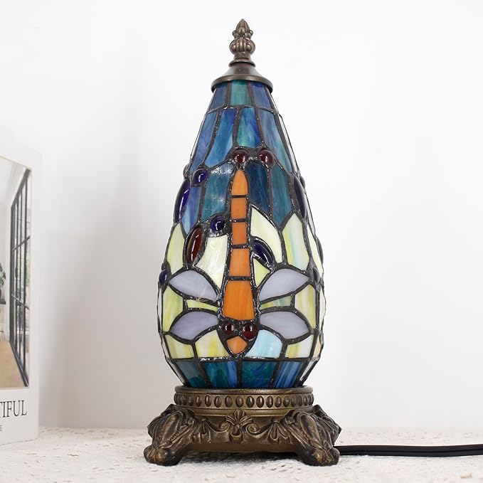 Small Tiffany Lamp Stained Glass Table Lamp 5.5X11 Inch Christmas Tree Lighthouse Mini Accent Memory Sympathy Antique Night Light for Bedroom Living Room (Blue Yellow)