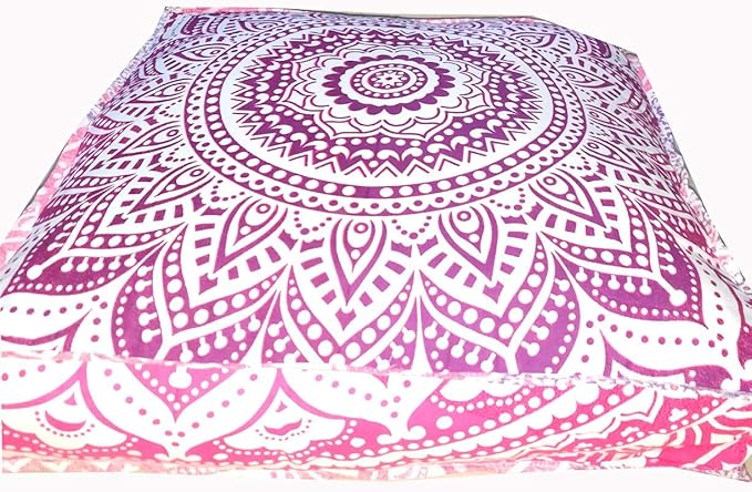 INDIAN CRAFT CASTLE 24" Pink Ombre Mandala Barmeri Large Floor Pillow Cover Cushion Meditation Seating Ottoman Throw Cover Hippie Decorative Zipped Bohemian Pouf Ottoman Pom Pom Cases 24" Square - Bloomnest