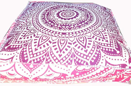 INDIAN CRAFT CASTLE 24" Pink Ombre Mandala Barmeri Large Floor Pillow Cover Cushion Meditation Seating Ottoman Throw Cover Hippie Decorative Zipped Bohemian Pouf Ottoman Pom Pom Cases 24" Square - Bloomnest