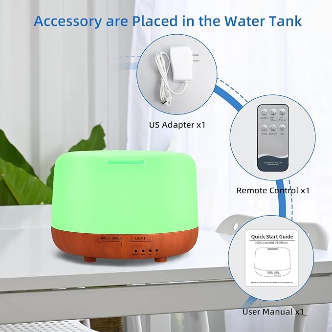 300ML Essential Oil Diffuser,Small Room Aromatherapy Diffuser, Quiet 8H Operation, 7-Color LED Light, 4 Timer, Remote Control, Auto-Off, for Bedroom, Living Room, Kitchen, Yoga, Gifts - Bloomnest