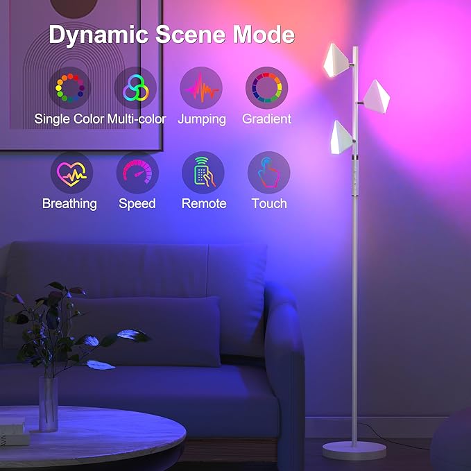 PARTPHONER RGB Tree Floor Lamp for Living Room, Stepless Dimmable Tall Standing Lamp with Remote, Touch Control and 3 Rotatable Light, Bright LED Lights for Bedroom with 4 Color-Changing, White - Bloomnest