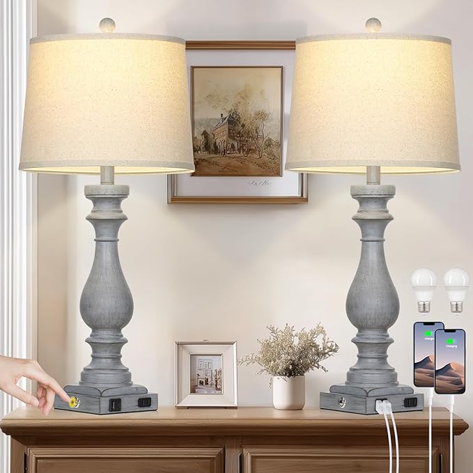 29" Tall Farmhouse Table Lamp for Living Room Set of 2,Vintage Retro Nightstand Lamps with USB C+A Ports & AC Outlet,3-Way Dimmable Touch Bedside Lamp for Bedroom Side Table,Light Grey - Bloomnest