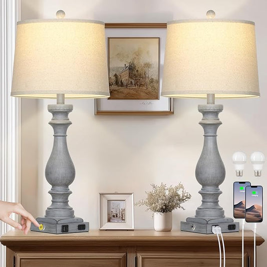29" Tall Farmhouse Table Lamp for Living Room Set of 2,Vintage Retro Nightstand Lamps with USB C+A Ports & AC Outlet,3-Way Dimmable Touch Bedside Lamp for Bedroom Side Table,Light Grey - Bloomnest