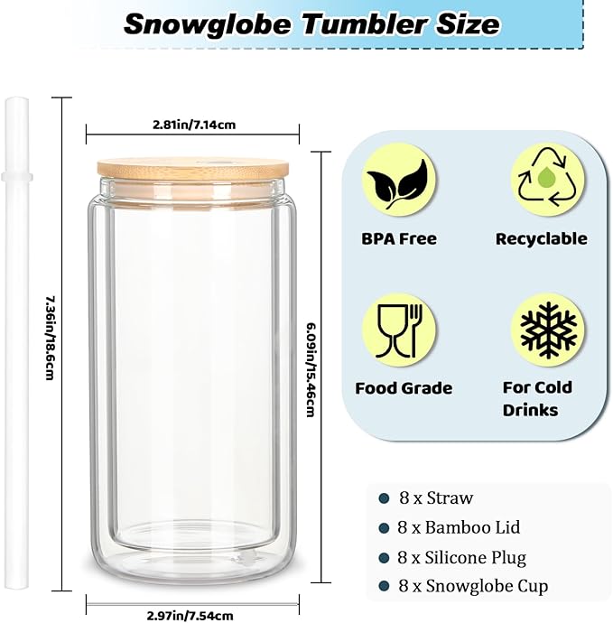 8 Pack 16 Oz Sublimation Snow Globe Tumbler, Snow Globe Cups with Pre Drilled Hole, Double Wall Beer Can Glass Mason Jar Mug with Bamboo Lids and Straws for Snowglobe DIY - Bloomnest