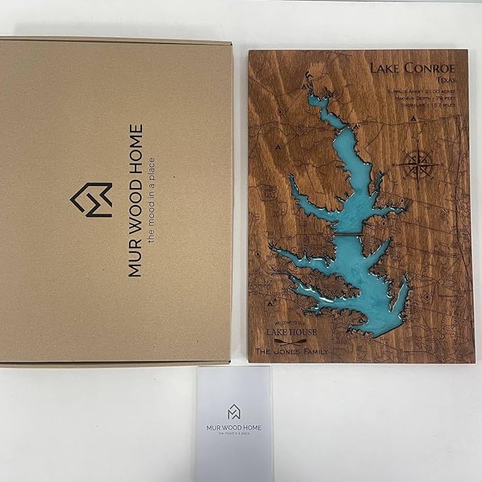 MurWoodHome Personalized Wooden Lake Map Wall Decor with Epoxy Resin, Handcrafted Lake House Decor, River or Coastline, Lake House Gifts, Housewarming Gifts for Map Lovers, Wood wall art, Nautical map wall decor - Bloomnest