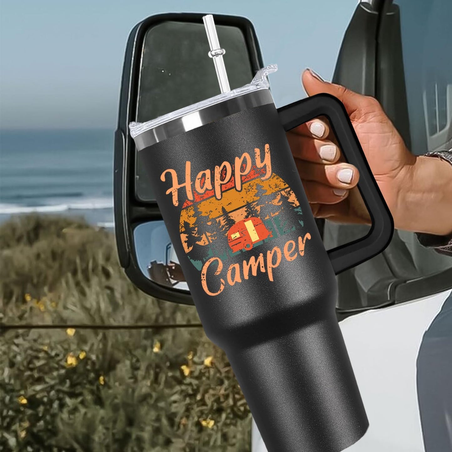 Ceovfoi Camper Tumbler with Handle,40 oz Camping Tumbler with Handle Lid and Straw,Camping Coffee Mug Cup Vacuum Insulated Travel Tumbler with Handle Lid and Straw,Rv Camping Essentials Accessories