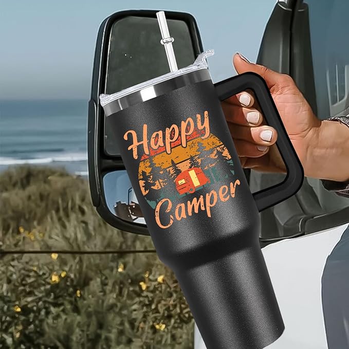 Ceovfoi Camper Tumbler with Handle,40 oz Camping Tumbler with Handle Lid and Straw,Camping Coffee Mug Cup Vacuum Insulated Travel Tumbler with Handle Lid and Straw,Rv Camping Essentials Accessories - Bloomnest