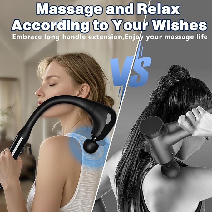 Deep Tissue Massage Gun with Extension Handle - 10mm Percussion Massager for Neck, Back & Shoulder Pain Relief, Handheld Portable Muscle Massager Gun for Athletes, 5 Speed & 4 Attachments - Bloomnest
