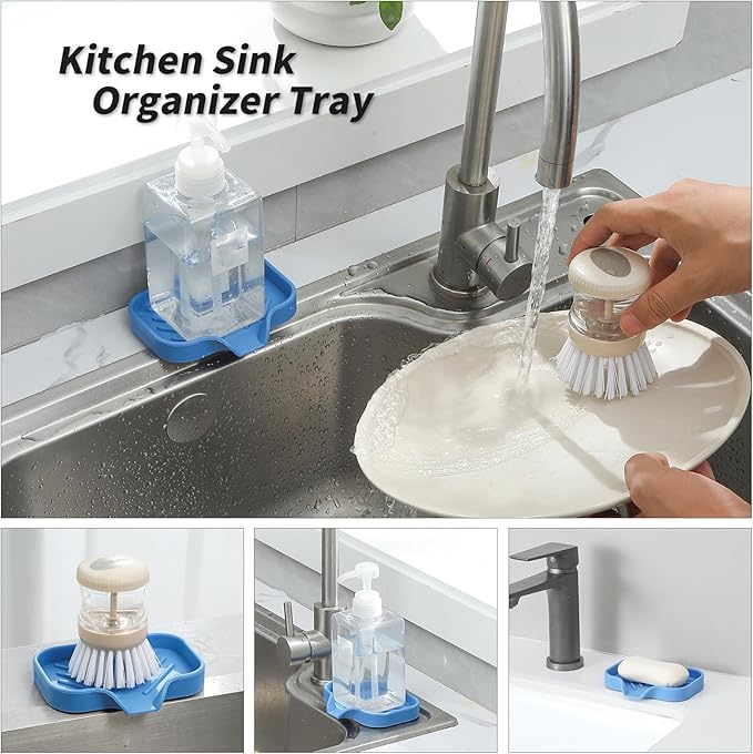 Silicone Bathroom Soap Dishes with Drain Spout-Bathroom and Kitchen Sink Organizer,Sponge Holder,Dish Soap Tray,Perfect for Dispenser,Scrubber,Bottle,Cup on Counter Lichen Blue 4.9"×3.2" - Bloomnest