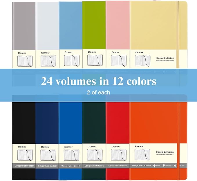 COMIX 24 Pack Lined Journal Notebooks for Work, 240 Pages, Medium 5.5" x 8.3", A5 Hardcover Journaling Notebooks for Business School Office, Notebooks Journals for Women & Men - Bloomnest