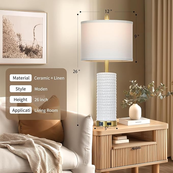26" White Table Lamps for Living Room Set of 2, Ceramic Bedroom Lamps for Nightstands, Modern Bedside Lamps for Bedroom Living Room, Nightstand Lamps for End Table, Hallway, Gold and White - Bloomnest