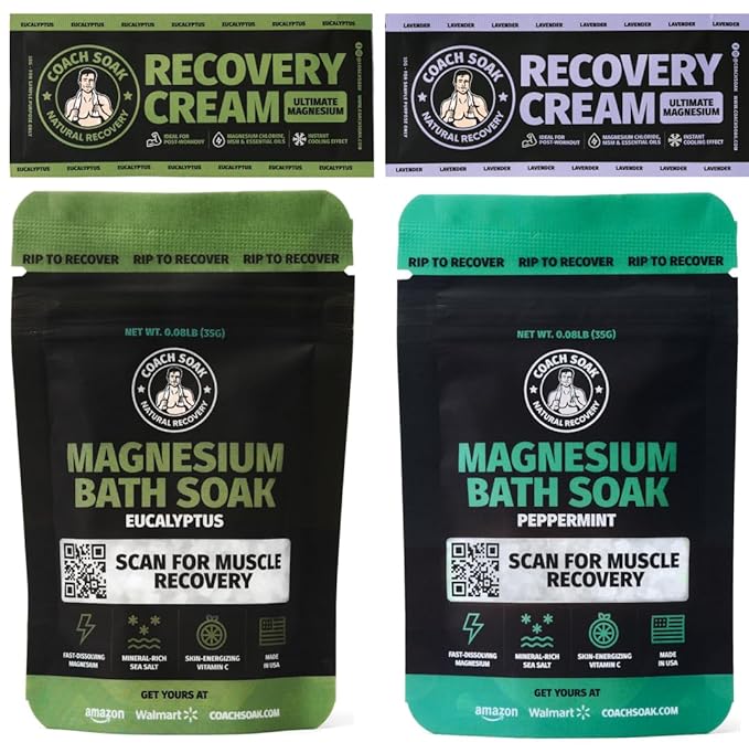 Coach Soak Magnesium Bath Flakes Mint & Lotion Trial Pack - Absorbing Magnesium Cream with Menthol - 0.18 lb (4 Pack) - Mixed Scents - Bloomnest