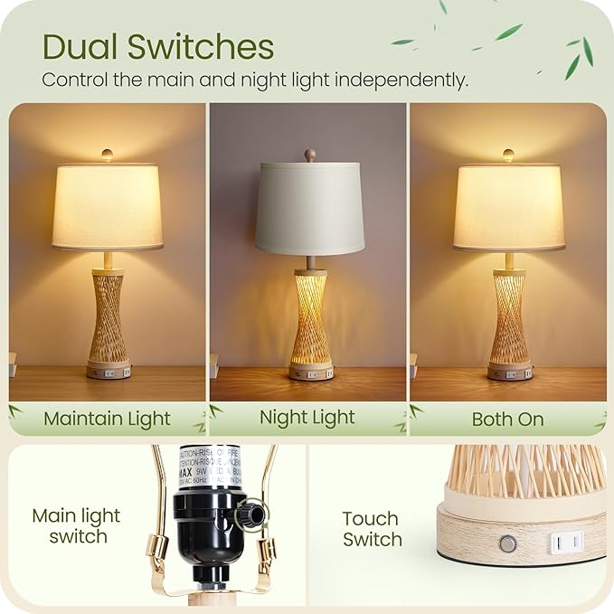 24.4”Farmhouse Rattan Table Lamps Set of 2, Touch Bedside Lamps for Bedroom with 3-Way Dimmable Night Light, USB A+C Charging Ports, Bamboo Boho Nightstand Lamps, White, W04TC05 - Bloomnest