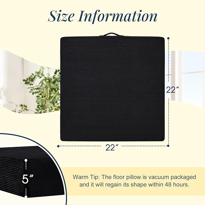 Wellsin Solid Square Floor Pillows for Adults Kids - Large Meditation Floor Pillow Seating Cushion with Thick Foam & Washable Velvet Cover, 1 Pack, 22x22x5 Inch, Black