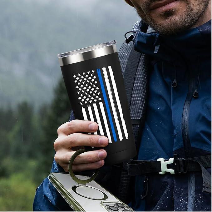 Thin Blue Line Police Officer Gifts - Cops Officer Valentine's Day Gift Coffee Cup - 20oz Stainless Steel Double Wall Insulated Tumbler, Black - Bloomnest