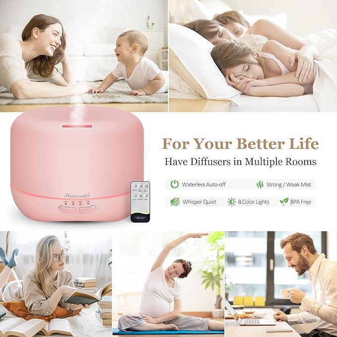 Aromatherapy Essential Oil Diffuser for Room: Air Humidifier Aroma Scent Cool Mist Colorful Lights Cute Small Large Waterless Auto Off Ultrasonic Diffusers for Home Bedroom Pink (300ml) - Bloomnest