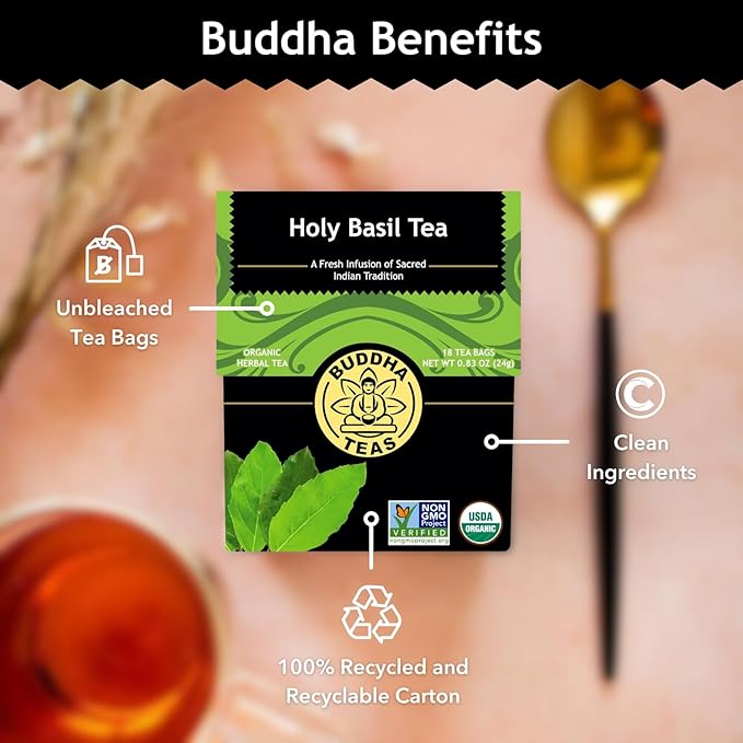 Buddha Teas - Holy Basil - Organic Herbal Tea - For Cognitive Balance & Overall Health - Ayurvedic Tulsi - With Antioxidants - Caffeine Free - 100% Kosher & Non-GMO - 18 Tea Bags (Pack of 1) - Bloomnest