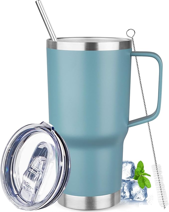 20 oz Tumbler with Handle Stainless Steel Insulated Coffee Mug Tumbler with Lid and Straw Double Wall Vacuum Insulated Coffee Mug Leak Proof Travel Tumbler for Hot and Cold Drink (Azure Blue,1pack)