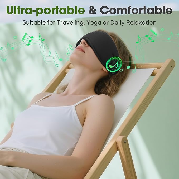 Sleep Headphones with Bluetooth 5.4 Sleep Mask, Bamboo Cotton Music Wireless Bluetooth Eye Mask for Sleeping, Earphones HD Speaker Microphone for Travel, Gifts for Men Women, Black - Bloomnest