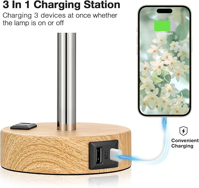 Fenmzee Floral Touch Lamp for Bedroom- 3 Way Dimmable Bedside Lamp USB C A Charging Ports and AC Outlet, Small Table Lamp Floral Linen Lampshade for Gift, LED Bulb Included - Bloomnest
