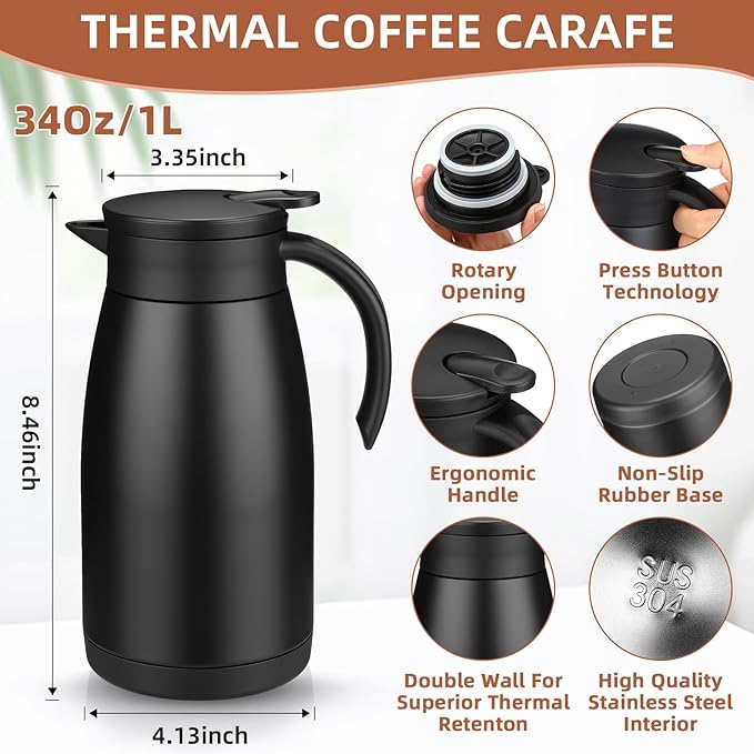 Norme 2 Pcs Thermal Coffee Carafe Insulated Stainless Steel Coffee Carafe for Hot Liquid Vacuum Thermal Pot Creamer Pitcher Dispenser with Brushes Keeping Hot Water Milk(Black,34 oz) - Bloomnest