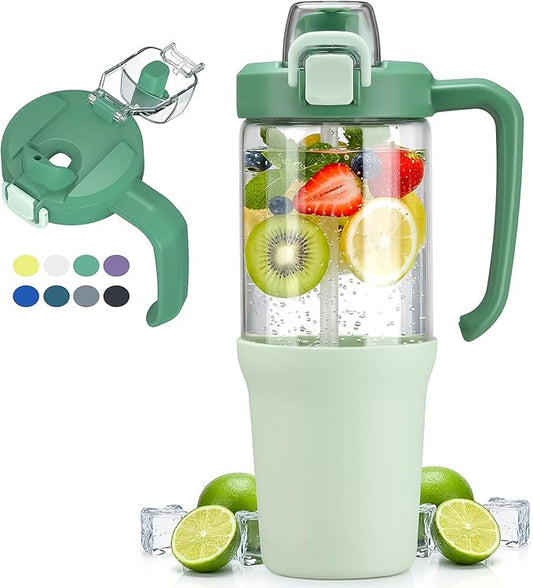 32 oz Glass Tumbler with Handle, 2-in-1 Straw and Sip Spout, Leakproof, BPA-Free Glass Water Bottle for Sports, Office, School, Light Green - Bloomnest