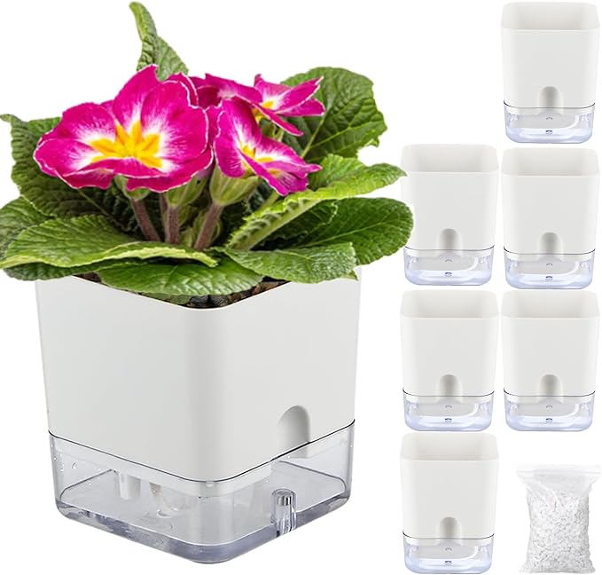 Planterhoma Self Watering Plant Pots for Indoor Plants 4.3 inch, 6 Packs Square Self-Watering Planters with Drainage Hole, White African Violet Pots for Devil's Ivy, Spider Plant, Orchid, Herb - Bloomnest