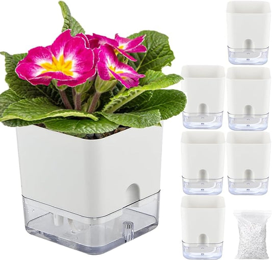Planterhoma Self Watering Plant Pots for Indoor Plants 4.3 inch, 6 Packs Square Self-Watering Planters with Drainage Hole, White African Violet Pots for Devil's Ivy, Spider Plant, Orchid, Herb - Bloomnest