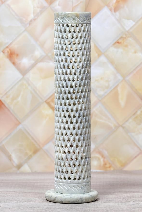 Crocon Handmade Blue Marble Soapstone Incense Stick Round Shape Elephant & Leaf Design Tower Burner | Tea Light Candle Holder | Decorative Home & Kitchen Best Gift Size - (2.7x2.7x10 Inch)