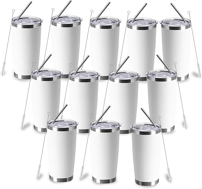 20oz insulted tumblers stainless steel cup Tumbler Bulk with push Lid, and metal straw powder coated coffee cup for cold and hot drinking (12, white) - Bloomnest