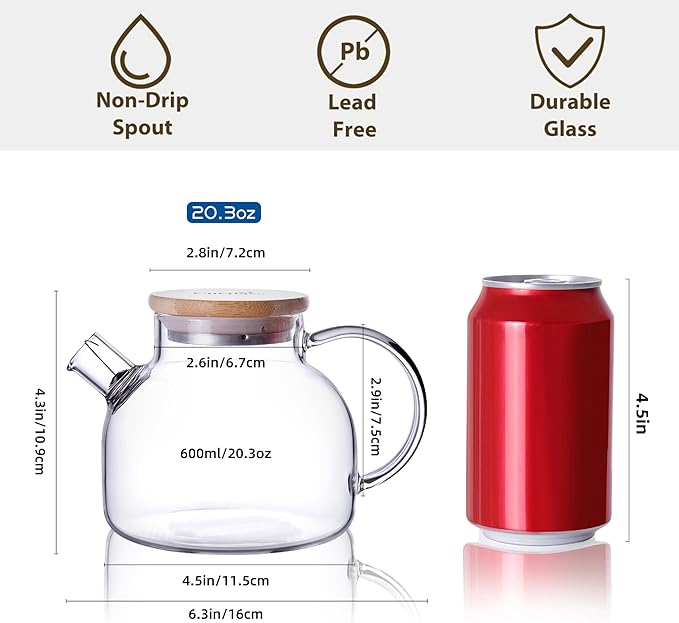 CnGlass Glass Teapot Stovetop Safe,20.3 oz Clear Tea pot with Removable Filter Spout,Loose Leaf and Blooming Tea Maker - Bloomnest