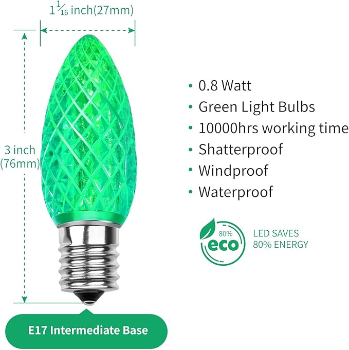 Meconard C9 Led Replacement Christmas Light Bulbs, C9 Shatterproof Led Bulbs for Christmas Indoor Outdoor String Lights, E17 Intermediate Base, Commercial Grade Holiday Bulbs, Green, 25Pack - Bloomnest