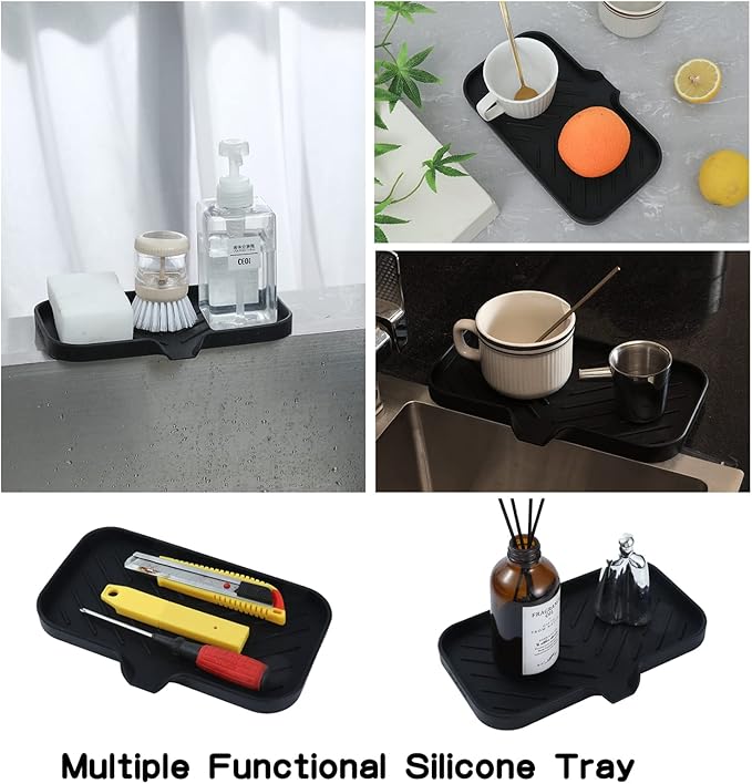 Silicone Bathroom Soap Dishes with Drain Spout-Bathroom and Kitchen Sink Organizer,Sponge Holder,Dish Soap Tray,Perfect for Dispenser,Scrubber,Bottle,Cup on Sink or Counter-Black 9.6"×5.3" - Bloomnest